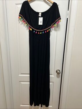 Black Maxi Dress with Multicolor Tassel Trim